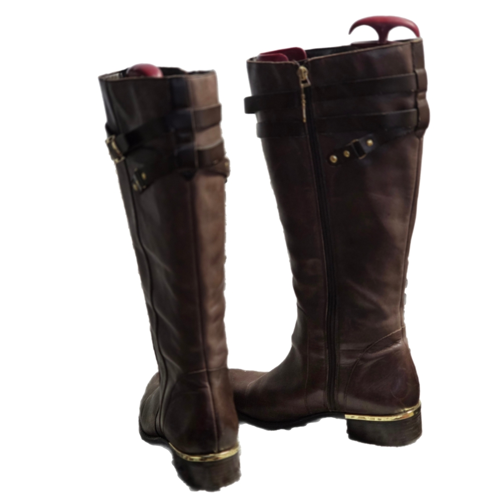 Franco Sarto Stylish Lea Celeste. Brown Leather Knee-High Tall Riding Boots - Picture 5 of 6